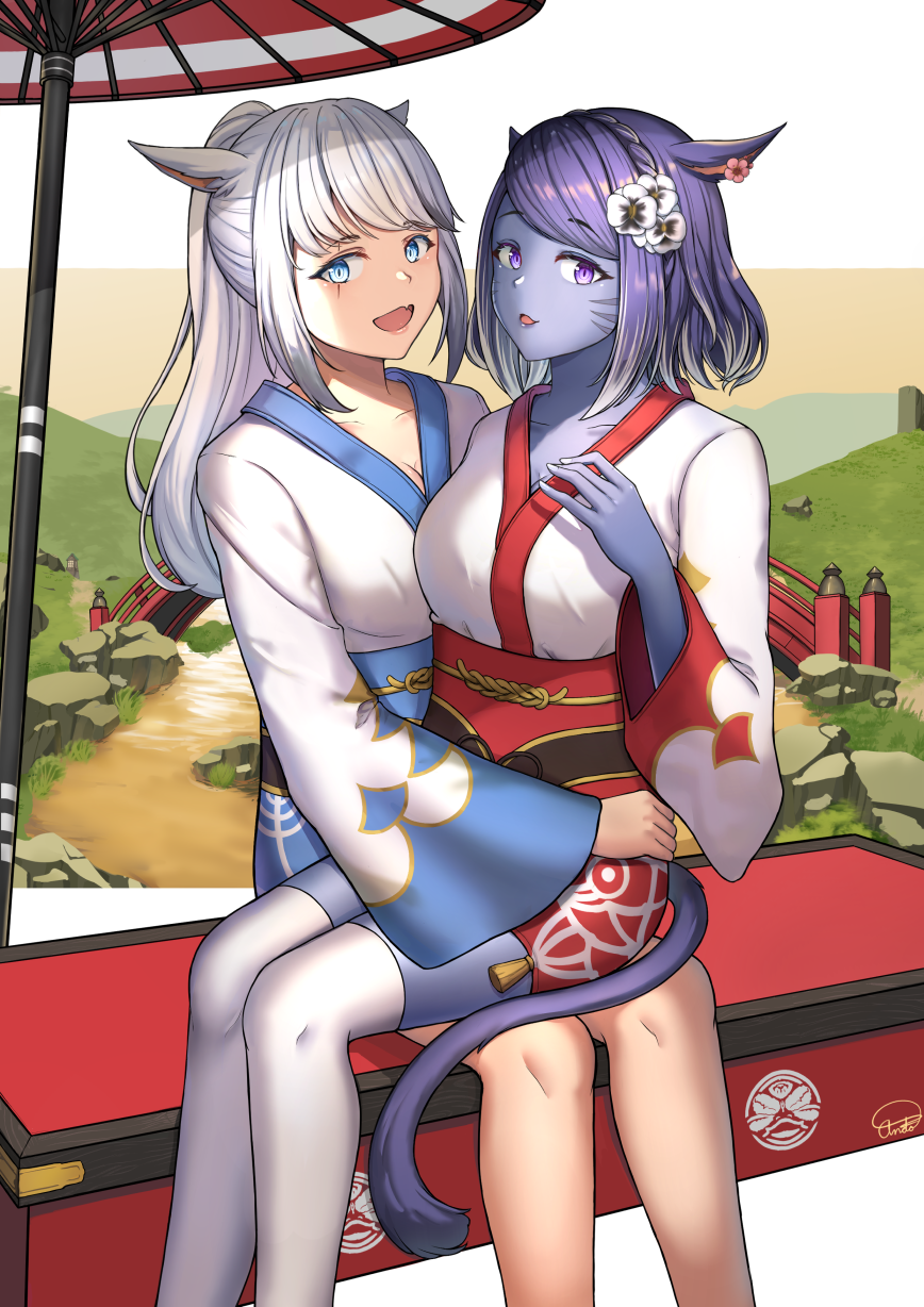 2girls andonoz animal_ears bangs black_skin blue_eyes breasts cat_ears cat_tail earrings eyebrows_visible_through_hair facial_mark fang final_fantasy final_fantasy_xiv flower hair_flower hair_ornament highres japanese_clothes jewelry kimono large_breasts long_hair looking_at_viewer miqo'te multiple_girls obi open_mouth oriental_umbrella ponytail purple_eyes purple_hair sash scar scar_across_eye short_hair sitting sitting_on_lap sitting_on_person tail thighhighs umbrella whisker_markings white_hair white_legwear yukata