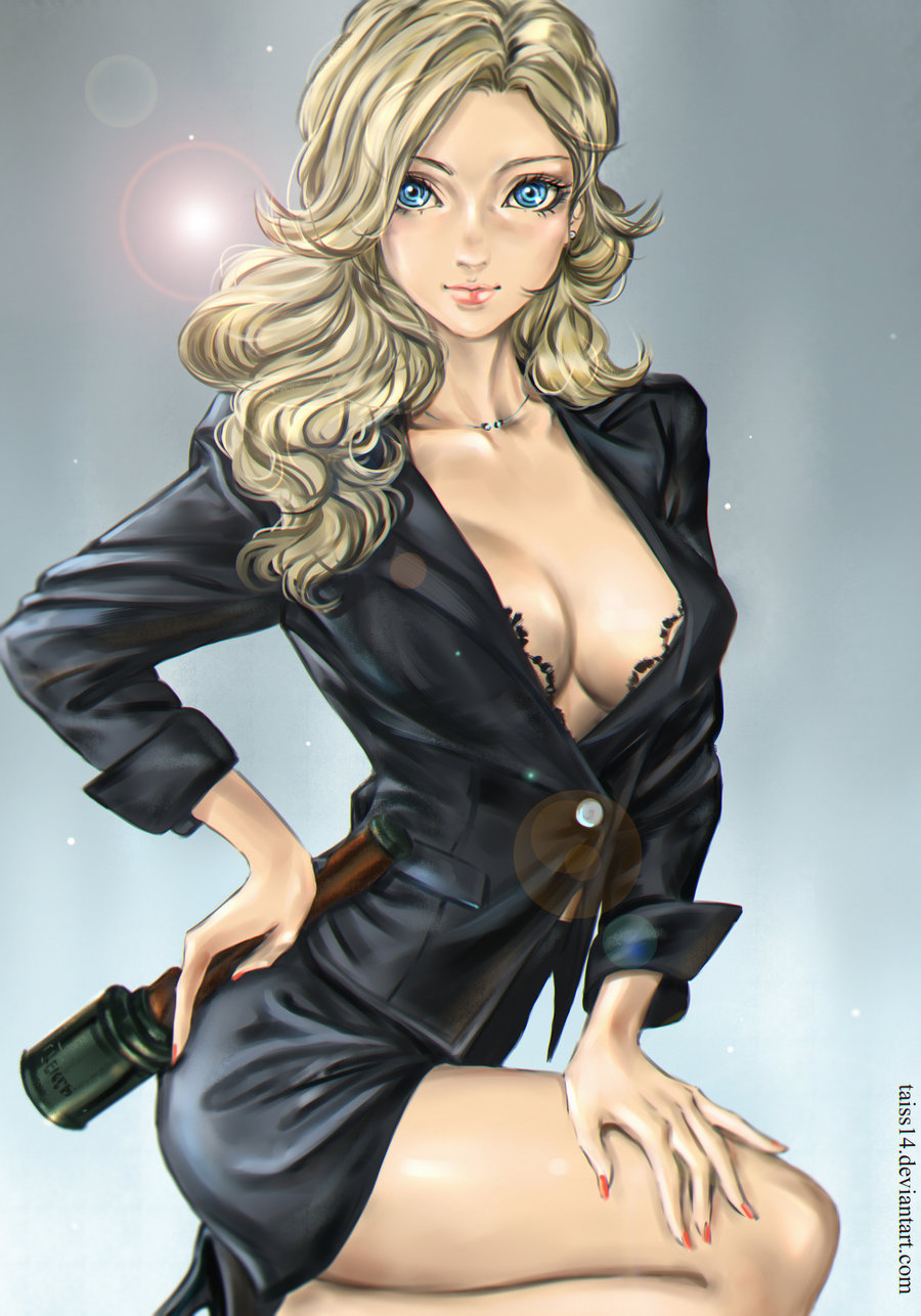 1girl becchi_(runark) blonde_hair blue_eyes bra breasts cleavage closed_mouth commentary commission commissioner_upload earrings formal high_heels highres jewelry lipstick long_hair looking_at_viewer makeup nail_polish necklace pencil_skirt runark simple_background skirt solo suit taiss14 underwear weapon