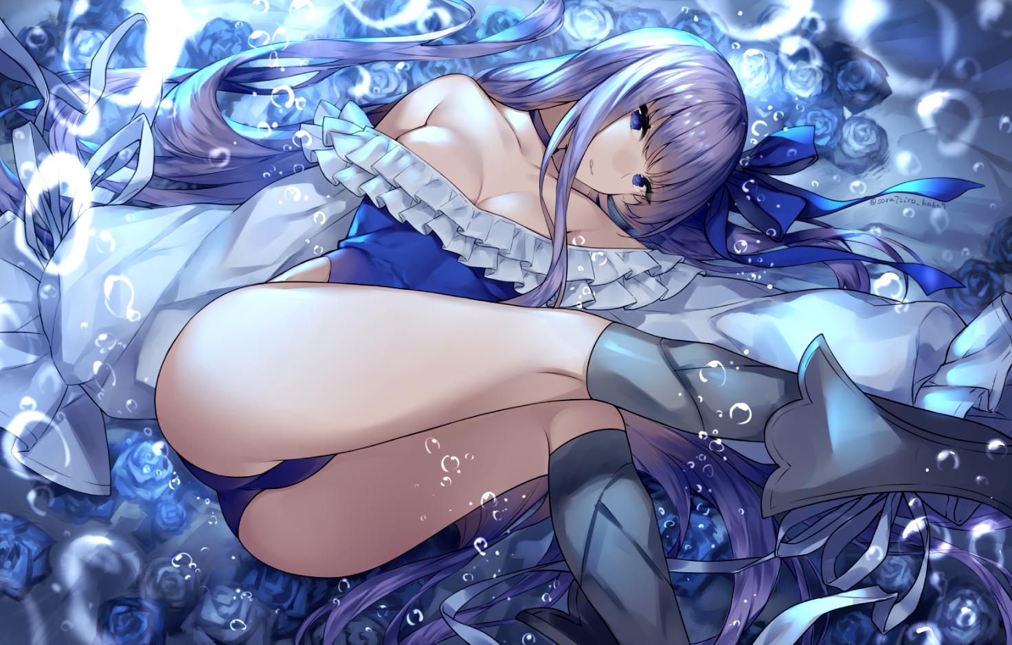 1girl bangs bare_shoulders blue_eyes breasts choker fate/grand_order fate_(series) hair_between_eyes long_hair long_sleeves looking_at_viewer meltryllis meltryllis_(swimsuit_lancer)_(fate) purple_hair ribbon sleeves_past_fingers sleeves_past_wrists solo swimsuit touwa_nikuman very_long_hair