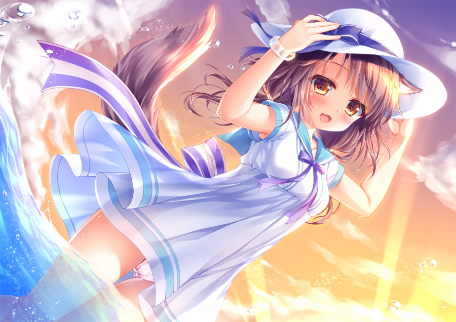 1girl :3 :d animal_ear_fluff animal_ears arms_up ass_visible_through_thighs bangs blue_bow blue_sailor_collar blush bow brown_eyes brown_hair cloud commentary_request dog_ears dog_girl dog_tail dress eyebrows_visible_through_hair hands_on_headwear hat hat_bow looking_at_viewer open_mouth original outdoors panties pink_panties sailor_collar sailor_dress shitou short_sleeves sky smile solo sun_hat sunset tail tail_raised thigh_gap underwear wading water white_dress white_headwear