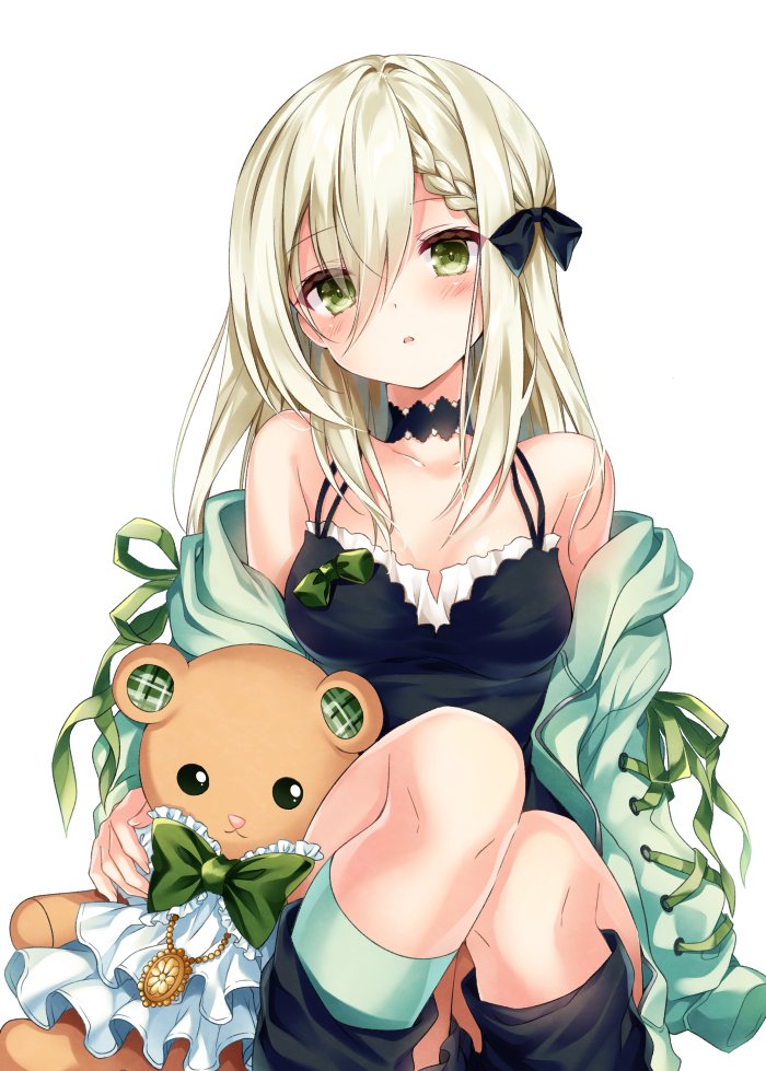 1girl bare_legs bare_shoulders black_legwear black_ribbon black_shirt blonde_hair bow bowtie braid breasts camisole choker collarbone green_eyes green_jacket green_legwear green_ribbon hair_between_eyes hair_ribbon jacket knees_up long_hair long_sleeves looking_at_viewer loose_socks medium_breasts nogi_takayoshi off_shoulder open_clothes open_jacket original parted_lips ribbon shirt simple_background sitting sleeveless sleeveless_shirt solo stuffed_animal stuffed_toy teddy_bear white_background