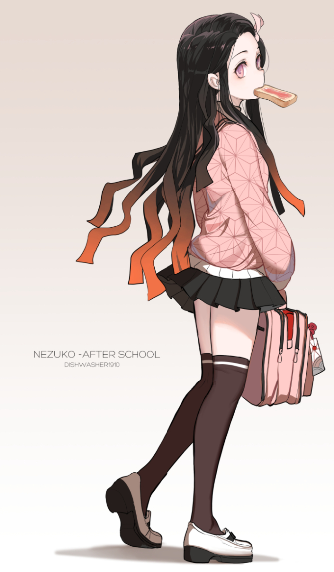 1girl artist_name backpack bag bag_charm black_hair black_skirt blush brown_hair brown_legwear charm_(object) dishwasher1910 food food_in_mouth forehead from_side full_body gradient gradient_background gradient_hair grey_hair hair_ornament hairclip holding holding_backpack kamado_nezuko kimetsu_no_yaiba long_hair long_sleeves looking_at_viewer looking_to_the_side miniskirt mouth_hold multicolored_hair orange_hair pink_eyes pink_sweater pleated_skirt shoes skirt solo standing sweater thighhighs toast toast_in_mouth very_long_hair white_footwear zettai_ryouiki