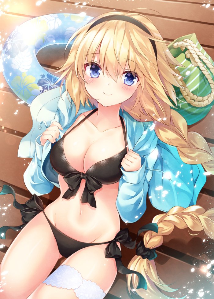 1girl ass_visible_through_thighs bag bikini black_bikini blonde_hair blue_eyes blue_jacket blush braid breasts cleavage closed_mouth collarbone commentary_request fate/grand_order fate_(series) front-tie_bikini front-tie_top groin hair_ornament hair_scrunchie hairband halter_top halterneck innertube jacket jeanne_d'arc_(fate)_(all) jeanne_d'arc_(swimsuit_archer) large_breasts long_hair long_sleeves looking_at_viewer navel nogi_takayoshi open_clothes open_jacket scrunchie side-tie_bikini single_braid sitting smile solo swimsuit very_long_hair