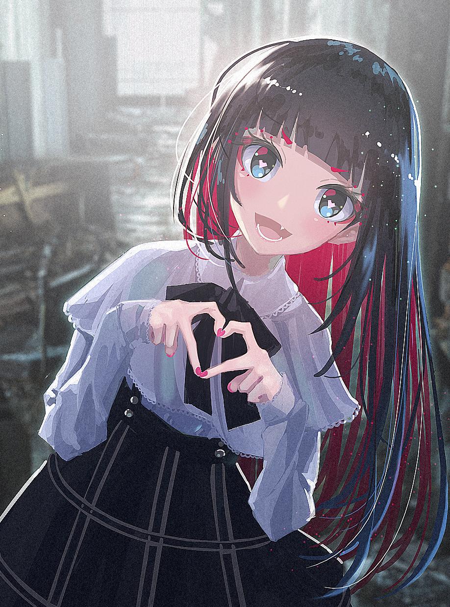 1girl :d black_hair black_skirt blue_eyes bow bowtie close-up commentary_request cowboy_shot debris fang frilled_shirt frilled_shirt_collar frilled_sleeves frills head_tilt heart heart-shaped_pupils heart_hands high-waist_skirt highres indoors light_particles long_hair long_sleeves looking_at_viewer multicolored_hair nail_polish open_mouth original pink_nails red_hair ruins shirt skirt smile solo someya_mai standing symbol-shaped_pupils two-tone_hair v-shaped_eyebrows white_shirt