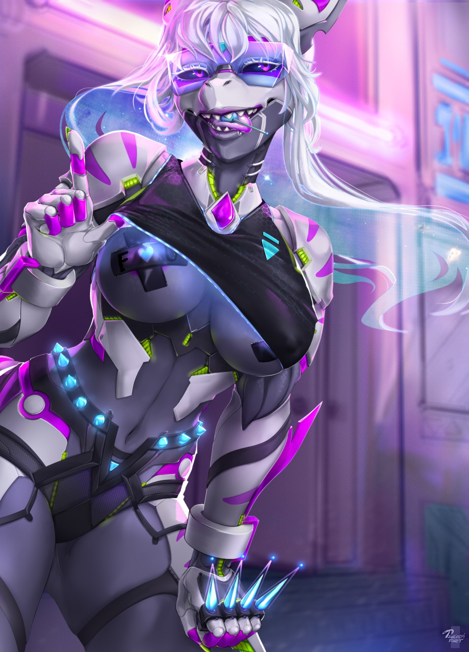 2019 5_fingers anthro areola breasts clothed clothing cybernetics cyborg eyebrows eyelashes female fingers fish hair hi_res machine marine navel non-mammal_breasts open_mouth partially_clothed shar shark solo standing teeth tongue tsukinori white_hair