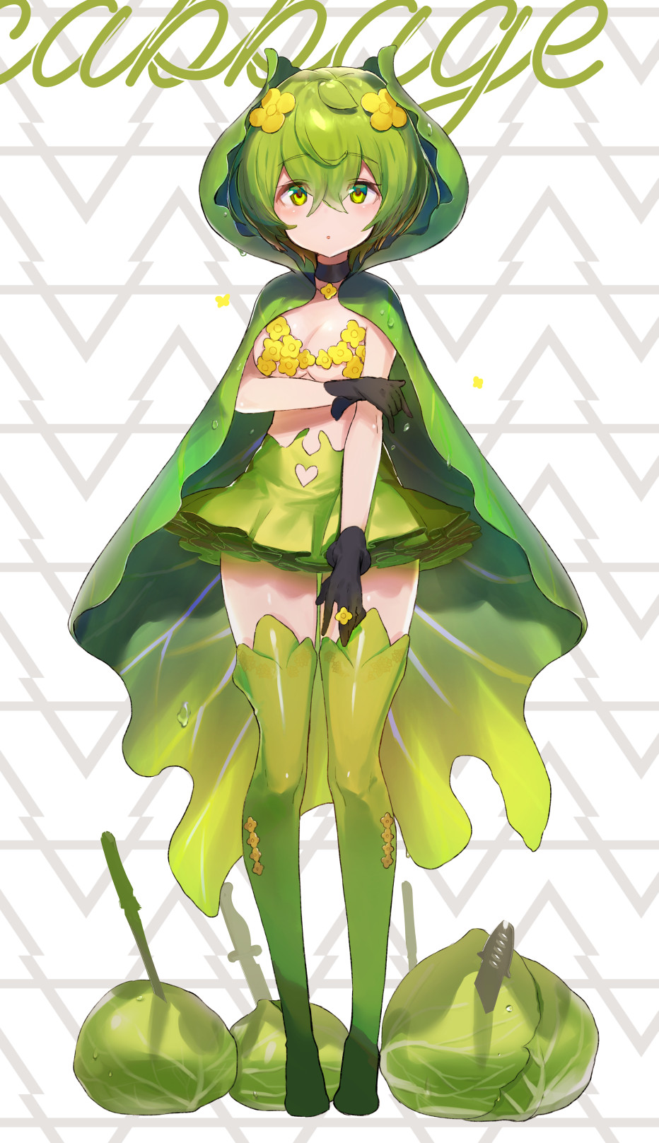1girl :o bangs black_choker black_gloves blush boots breasts cabbage cape choker collarbone commentary_request eyebrows_visible_through_hair flower food_themed_clothes full_body gloves green_cape green_eyes green_footwear green_hair green_legwear green_skirt hair_between_eyes hair_flower hair_ornament hayama_eishi highres knife looking_at_viewer medium_breasts original parted_lips personification pleated_skirt short_hair skirt solo standing thigh_boots thighhighs yellow_flower