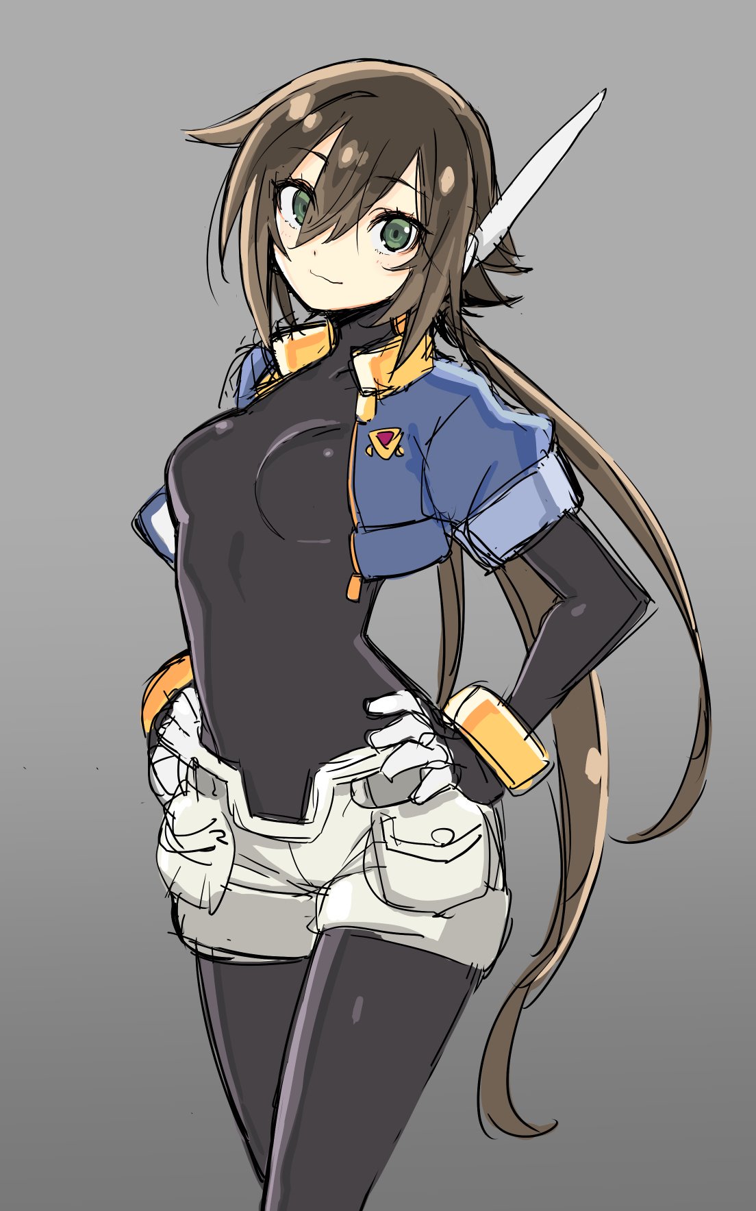 1girl aile bangs bodystocking bracelet breasts brown_hair cowboy_shot cropped_jacket green_eyes grey_background hair_between_eyes hands_on_hips head_tilt highres jacket jewelry long_hair open_clothes open_jacket ponytail puffy_short_sleeves puffy_sleeves robot_ears rockman rockman_zx rockman_zx_advent shigehiro_(hiroi_heya) short_sleeves shorts simple_background sketch small_breasts smile solo