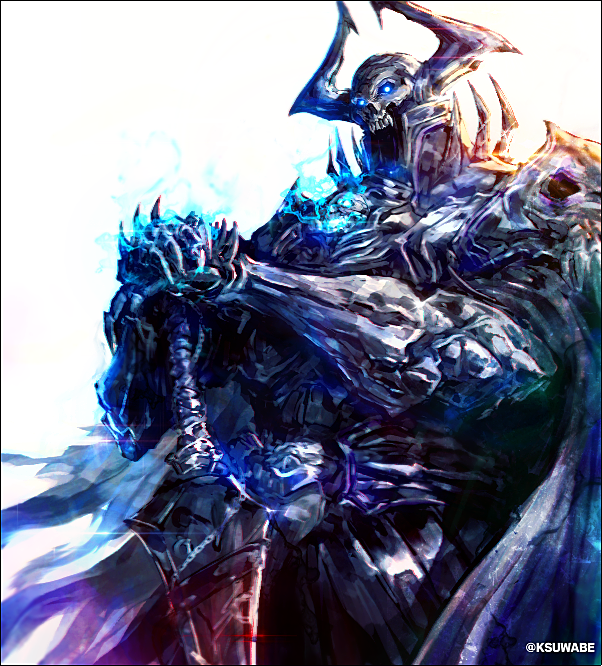 1boy armor artist_name blue_fire commentary_request fate/grand_order fate_(series) fire gauntlets glowing glowing_eyes holding holding_sword holding_weapon kei-suwabe king_hassan_(fate/grand_order) male_focus simple_background skull_helmet solo spiked_armor sword twitter_username weapon white_background