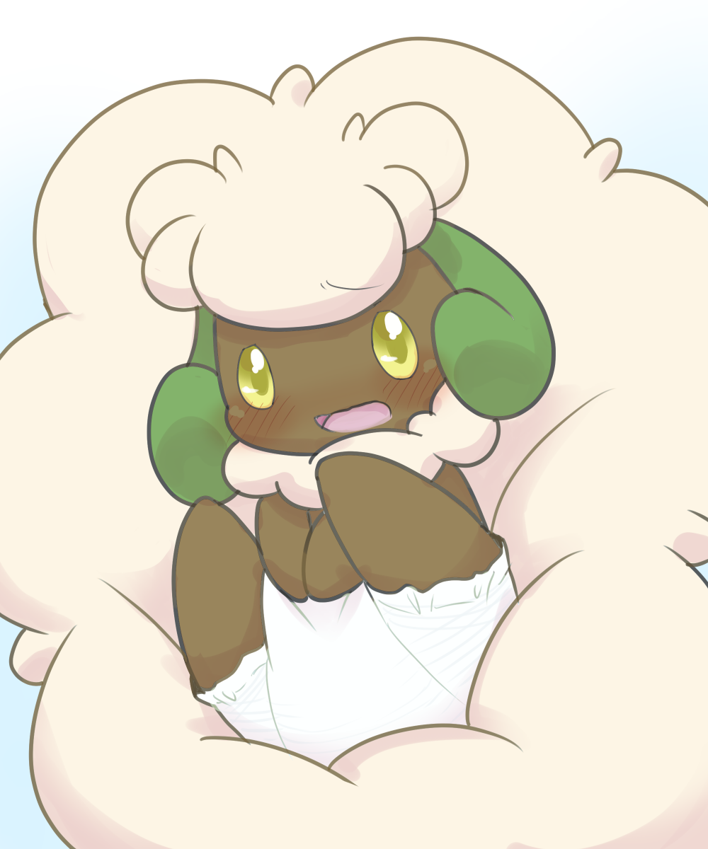 2019 blush brown_body curved_horn diaper embarrassed fluffy fur hand_on_diaper horn legs_raised neck_tuft nintendo open_mouth orange_eyes pok&eacute;mon pok&eacute;mon_(species) semi-anthro solo tuft video_games wadorigi whimsicott wool_(fur)