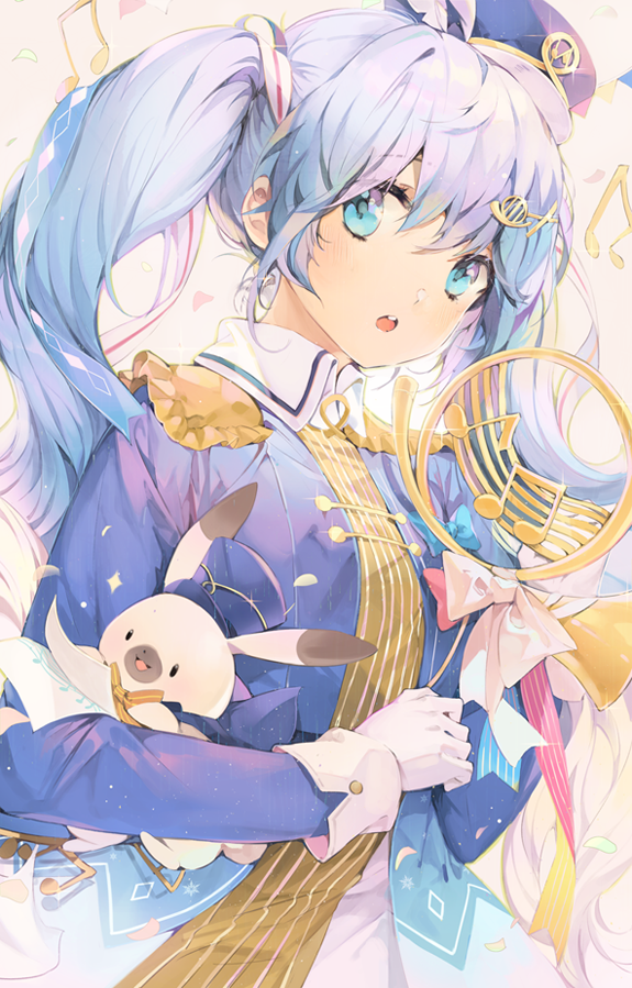 1girl :o animal band_uniform bangs blue_dress blue_eyes blue_hair blue_ribbon blush bosack bow bunny collared_shirt dress epaulettes eyebrows_visible_through_hair french_horn gloves hair_between_eyes hair_ornament hair_ribbon hat hat_feather hatsune_miku holding holding_instrument instrument jacket long_hair long_sleeves looking_at_viewer mini_hat mini_shako_cap musical_note open_mouth ribbon shirt sidelocks simple_background sleeves_past_wrists solo standing striped teeth twintails upper_body vertical_stripes vocaloid white_gloves white_ribbon yuki_miku yuki_miku_(2020) yukine_(vocaloid)