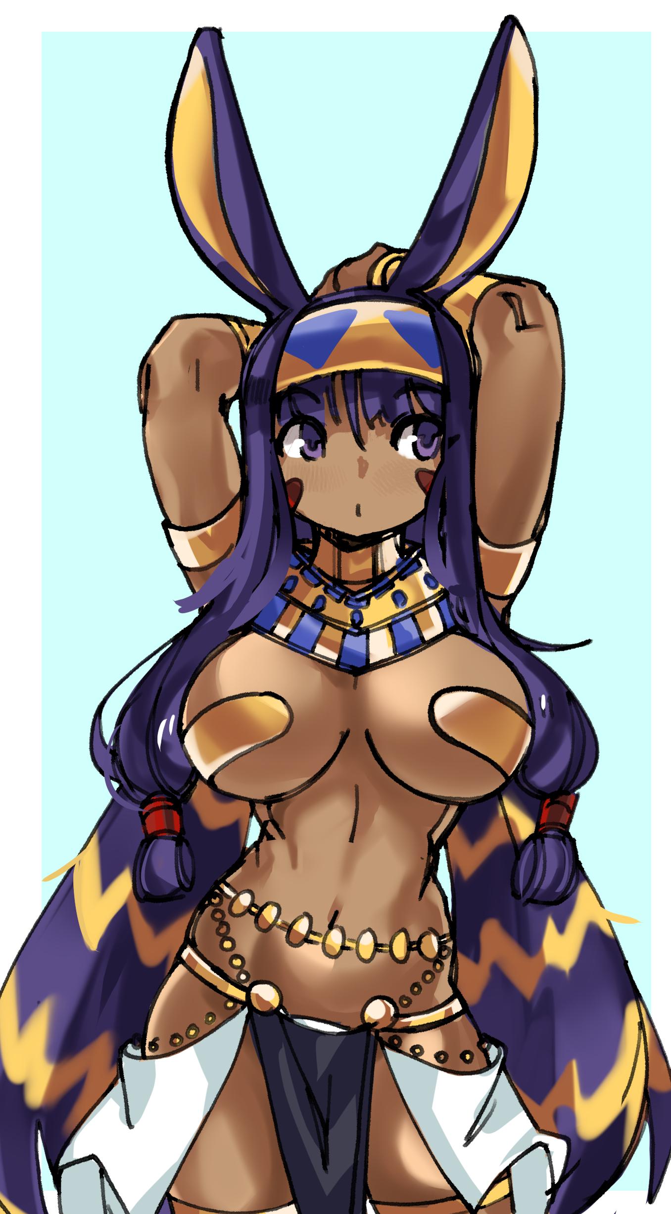 1girl absurdres animal_ears armlet arms_up bangs belly_chain blue_background border contrapposto dark_skin egyptian egyptian_clothes eyebrows_visible_through_hair facepaint facial_mark fate/grand_order fate_(series) gorget hairband highres jackal_ears jewelry long_hair looking_to_the_side low-tied_long_hair navel nitocris_(fate/grand_order) pasties pelvic_curtain purple_eyes purple_hair solo standing thigh_strap vambraces white_border zana