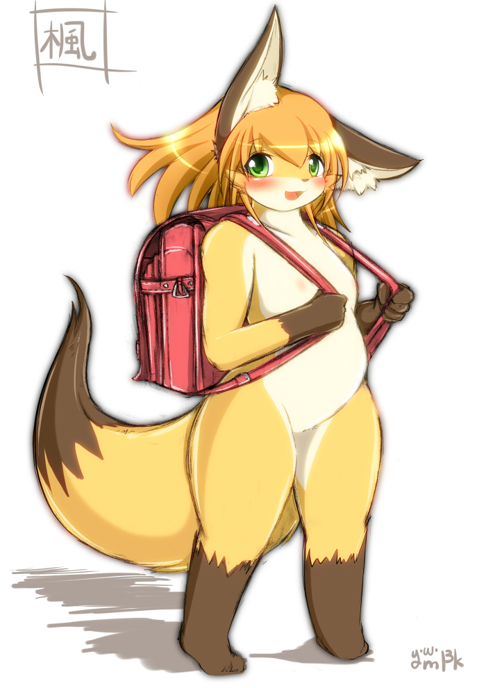 2013 anthro backpack canid canine cub female fox mammal nude simple_background slightly_chubby solo white_background ymbk young