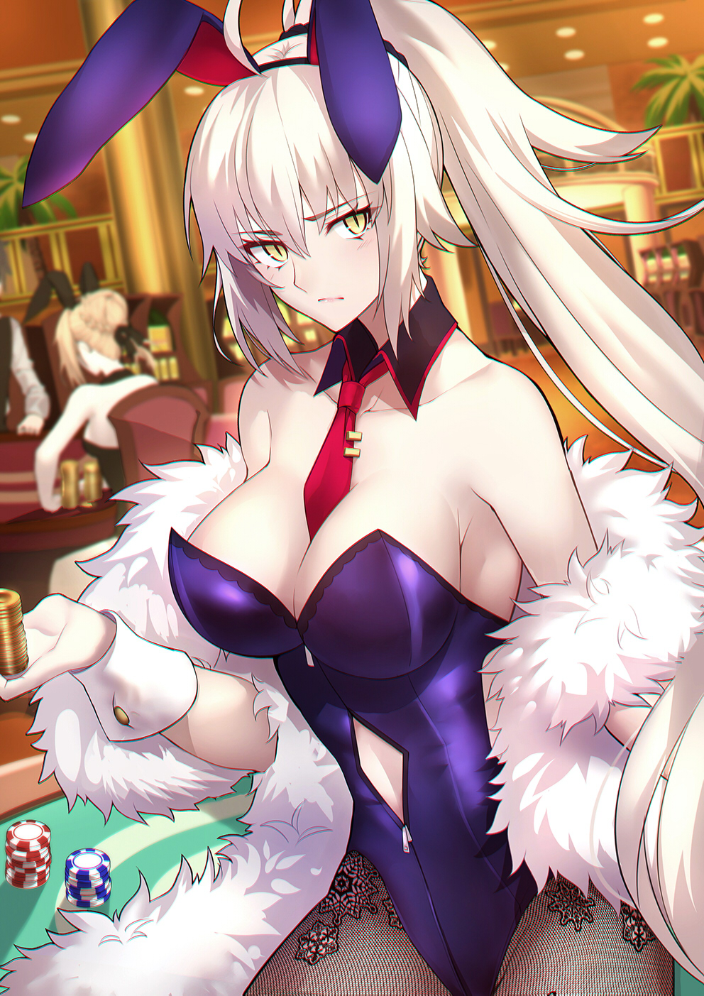 1girl animal_ears bangs bare_shoulders breasts bunny_ears bunnysuit closed_mouth detached_collar fate/grand_order fate_(series) hair_between_eyes highres jeanne_d'arc_(alter)_(fate) jeanne_d'arc_(fate)_(all) large_breasts leotard long_hair looking_at_viewer navel navel_cutout pantyhose purple_leotard shiguru silver_hair slit_pupils solo very_long_hair wrist_cuffs yellow_eyes