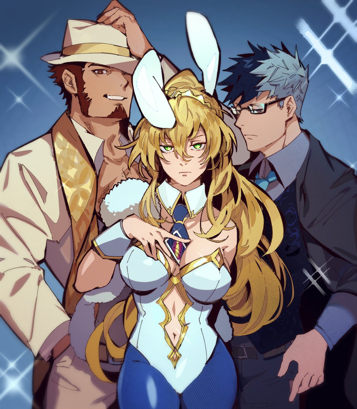 1girl 2boys animal_ears artoria_pendragon_(all) artoria_pendragon_(swimsuit_ruler)_(fate) beard blue_eyes brown_hair bunny_ears chest facial_hair fate/grand_order fate_(series) glasses hand_on_headwear hands_in_pockets hat highres idk-kun long_sleeves looking_at_viewer multicolored_hair multiple_boys muscle napoleon_bonaparte_(fate/grand_order) navel one_eye_covered pectorals scarf sigurd_(fate/grand_order) simple_background smile