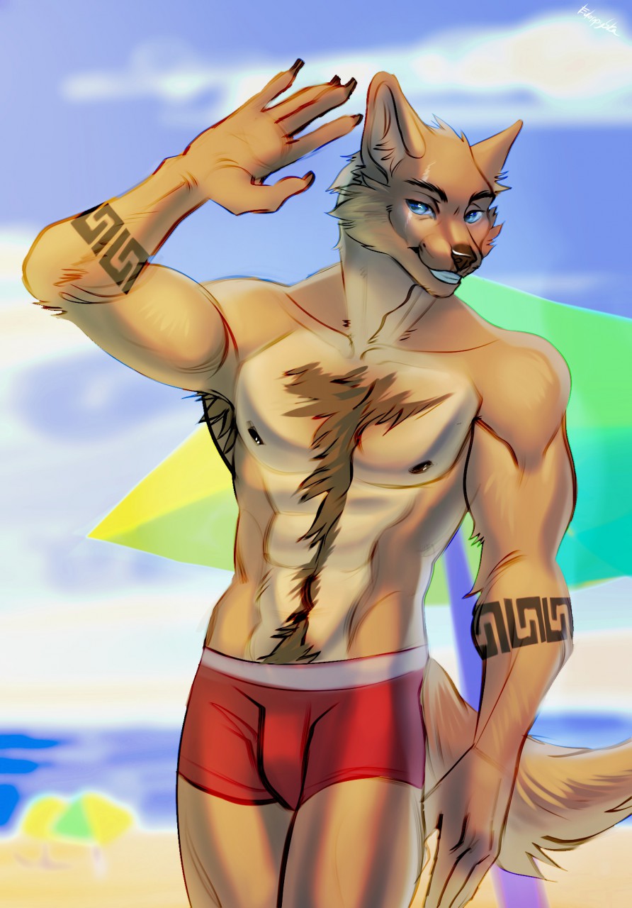 2019 5_fingers abs anthro beach blue_eyes brown_fur brown_nose canid canine canis clothed clothing day detailed_background digital_media_(artwork) domestic_dog evlampyshka fingers fur male mammal nipples outside sand seaside shoreline sky smile solo topless water