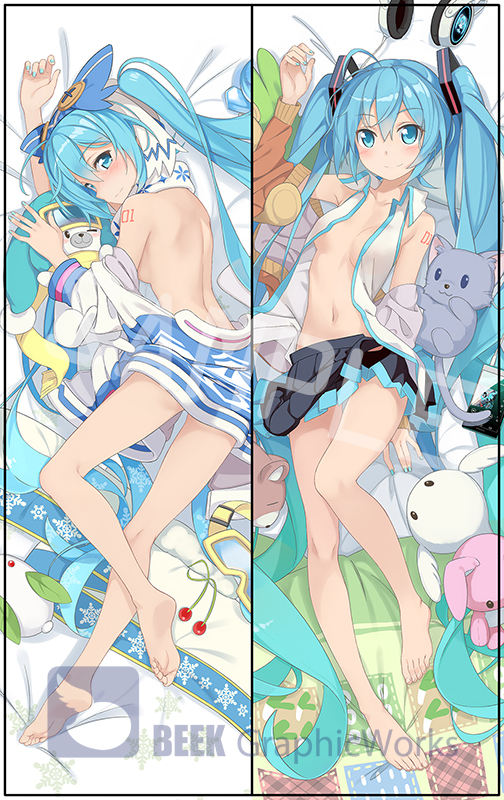 1girl ahoge artist_name barefoot beek black_skirt blue_eyes blue_hair blush breasts bunny cat dakimakura detached_sleeves feet hat hatsune_miku headphones headphones_removed long_hair lying nail_polish navel on_back on_side open_clothes open_shirt pleated_skirt shirt skirt sleeveless sleeveless_shirt small_breasts snowflake_print solo twintails very_long_hair vocaloid yuki_miku yuki_miku_(2016) yukine_(vocaloid)