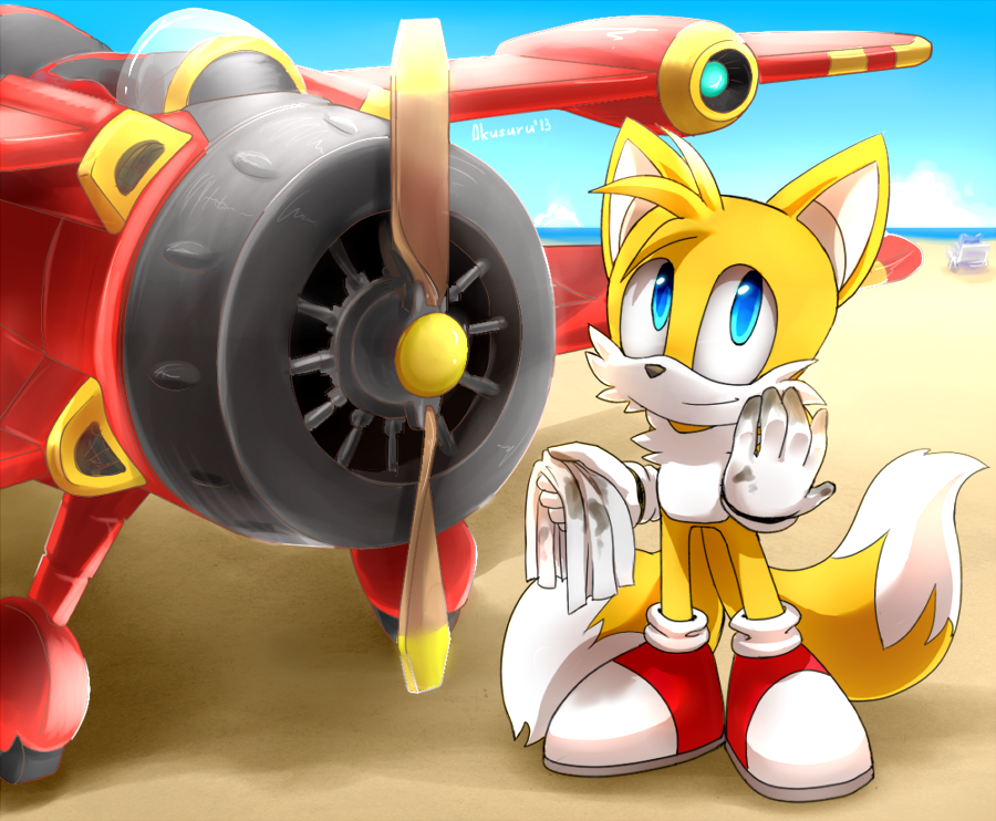 2013 aircraft akusuru anthro blue_eyes canid canine clothing dipstick_tail footwear fox fur gloves handwear male mammal miles_prower multicolored_tail smile solo sonic_(series) video_games white_fur yellow_fur