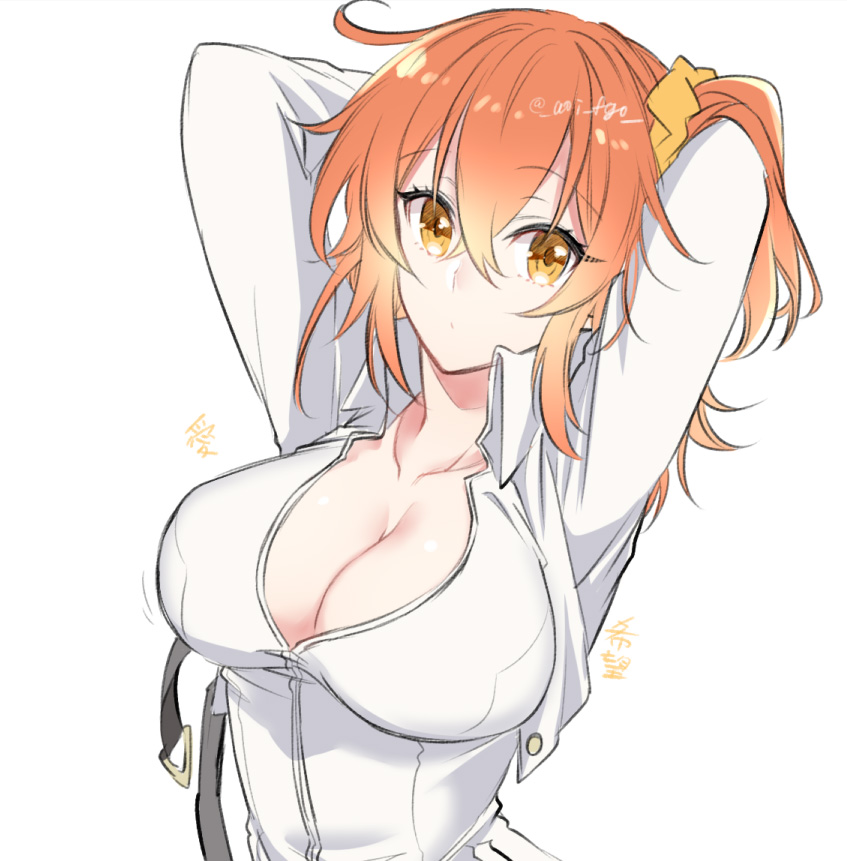 1girl ahoge arms_up bangs blush breasts chaldea_uniform cleavage fate/grand_order fate_(series) fujimaru_ritsuka_(female) hair_between_eyes hair_ornament hair_scrunchie large_breasts looking_at_viewer one_side_up orange_eyes orange_hair scrunchie shino-o short_hair simple_background smile solo twitter_username unbuckled white_background