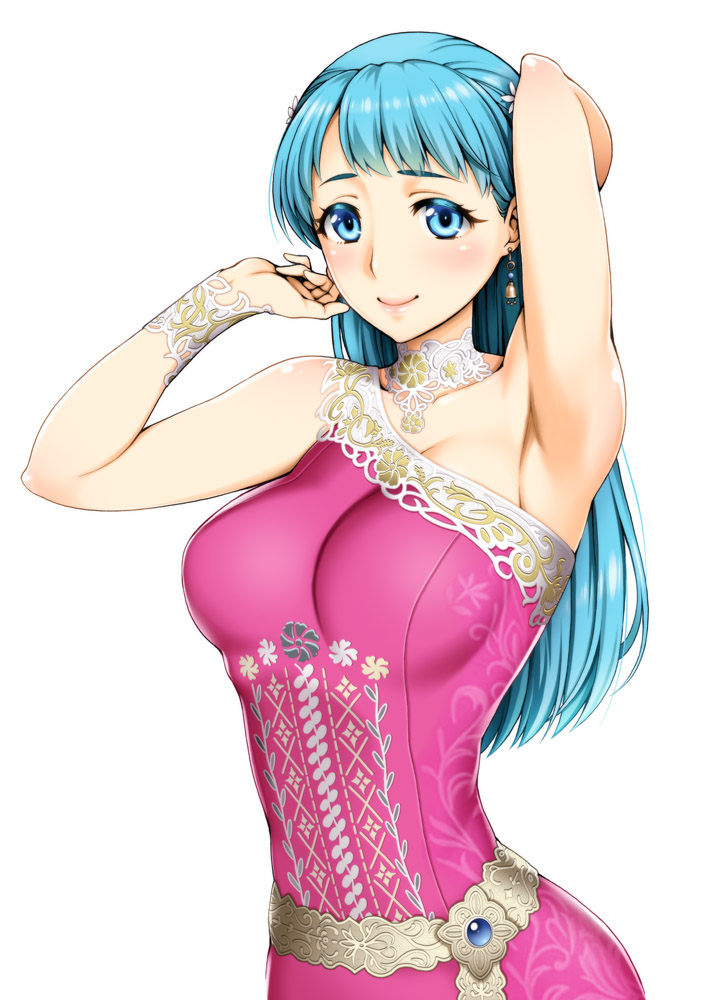 1girl arm_behind_head arm_up armpit_crease armpits bangs bare_shoulders blue_eyes blue_hair breasts cleavage closed_mouth detached_collar dragon_quest dragon_quest_v dress earrings eyebrows_visible_through_hair flora flower hair_flower hair_ornament jewelry long_hair looking_at_viewer medium_breasts pink_dress simple_background single_strap smile solo straight_hair tareme unagimaru white_background white_flower