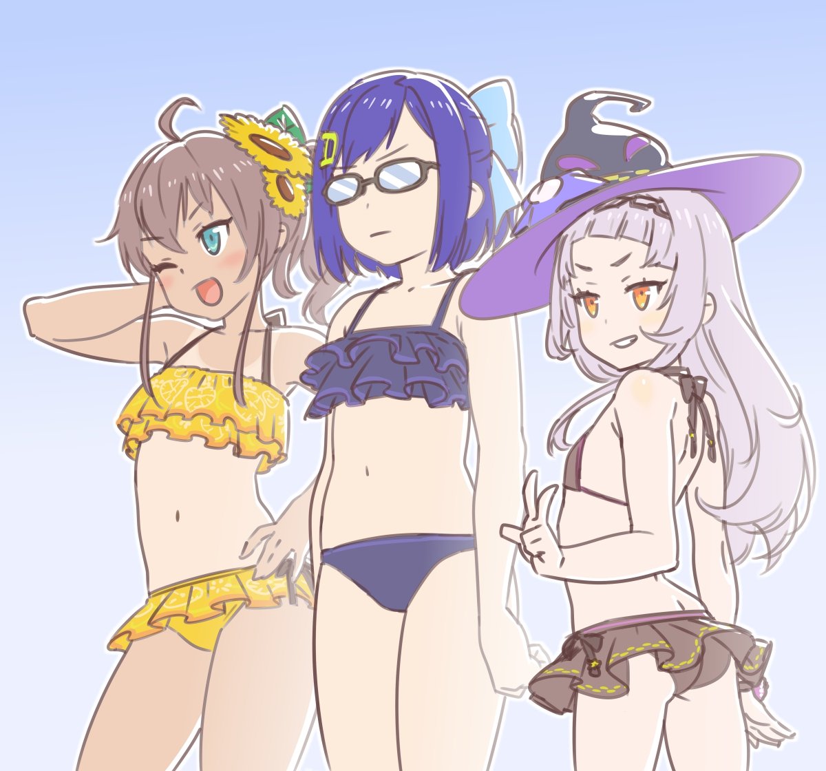 3girls ahoge alternate_costume armpits bangs bare_shoulders bikini black-framed_eyewear black_bikini black_bikini_bottom black_bikini_top blue_bikini blue_bikini_bottom blue_bow blue_eyes blue_hair blue_swimsuit blunt_bangs blush bow brown_hair butt_crack c0rn3r collarbone flat_chest flower frilled_bikini frilled_bikini_bottom frilled_bikini_top frills glasses hair_bow hair_flower hair_ornament hairclip hand_behind_head hat hololive letter_hair_ornament long_hair medium_hair multiple_girls murasaki_shion natsuiro_matsuri navel one-piece_tan one_eye_closed orange_bikini orange_bikini_bottom orange_bikini_top orange_eyes shoulder_blades simple_background sunflower sunflower_hair_ornament swimsuit tan tanline teeth thighs tokino_sora_channel virtual_youtuber w white_hair witch_hat yuujin_a_(tokino_sora_channel)