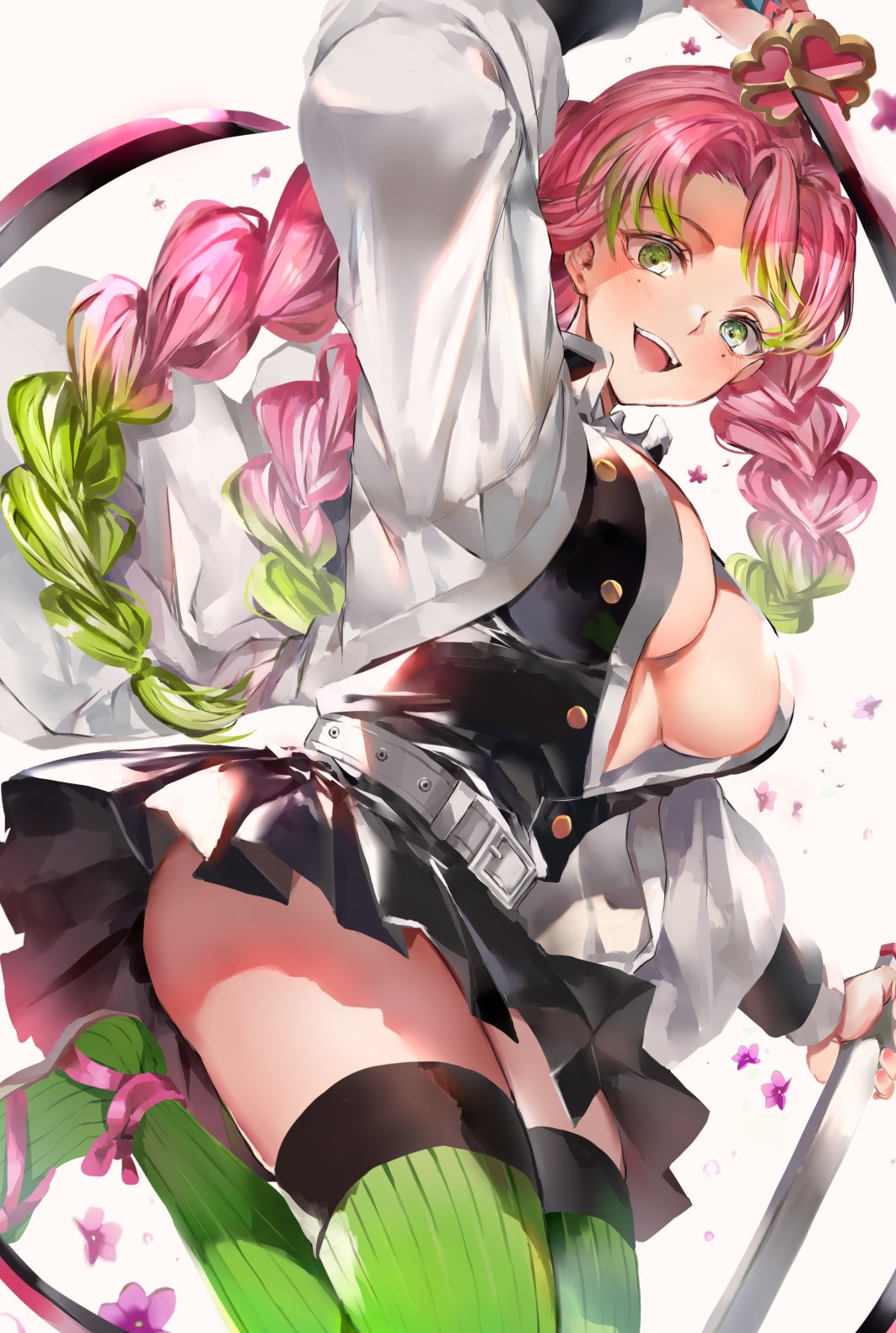 1girl belt blush braid breasts gradient_hair green_eyes green_hair green_legwear hair_between_eyes haori highres hinahino holding holding_sheath holding_sword holding_weapon japanese_clothes kanroji_matsuri katana kimetsu_no_yaiba large_breasts long_hair long_sleeves looking_at_viewer mole mole_under_eye multicolored_hair multiple_braids no_bra open_clothes pink_hair sheath solo sword thighhighs unbuttoned unbuttoned_shirt uniform unsheathed weapon