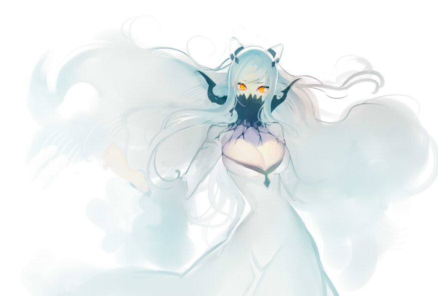 1girl breasts cleavage dress eyebrows_visible_through_hair glowing glowing_eyes kantai_collection large_breasts long_dress long_hair midway_hime orange_eyes shinkaisei-kan simple_background sketch solo tamtam_ex white_background white_dress white_hair
