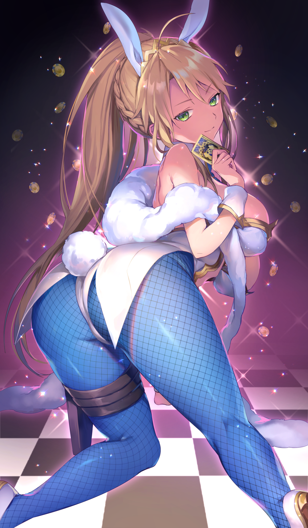 1girl animal_ears artoria_pendragon_(all) artoria_pendragon_(swimsuit_ruler)_(fate) ass bangs bare_shoulders blonde_hair blue_legwear blush braid breasts bunny_ears bunny_tail bunnysuit card checkered checkered_floor detached_collar fate/grand_order fate_(series) fishnet_pantyhose fishnets french_braid green_eyes hair_between_eyes highres kneeling large_breasts leotard long_hair looking_at_viewer pantyhose playing_card poker_chip ponytail sidelocks smile solo sparkle tail thigh_strap thighs tiara vivivivi