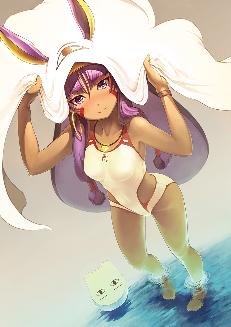 1girl animal_ears arms_up bangs bare_arms bare_shoulders blush brown_background casual_one-piece_swimsuit closed_mouth collarbone commentary_request cosplay dutch_angle eyebrows_visible_through_hair facial_mark fate/grand_order fate_(series) hair_between_eyes jackal_ears jewelry kickboard long_hair looking_at_viewer medjed medjed_(cosplay) nitocris_(fate/grand_order) nitocris_(swimsuit_assassin)_(fate) nose_blush one-piece_swimsuit pendant pixiv_fate/grand_order_contest_2 purple_eyes purple_hair revision smile solo standing swimsuit very_long_hair wading water white_swimsuit yoka1chi