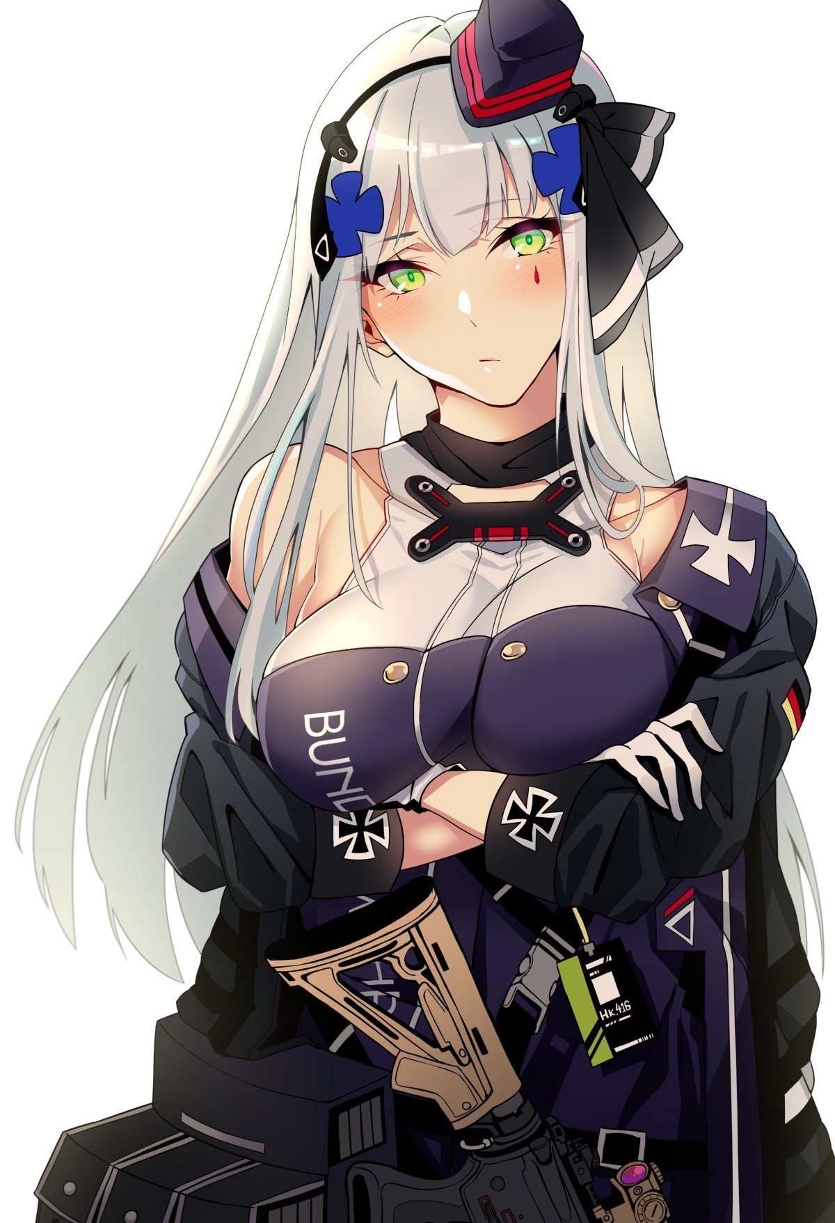 1girl asakawa_(outeq) assault_rifle bangs blunt_bangs blush breasts cowboy_shot crossed_arms dress expressionless eyebrows_visible_through_hair facial_mark german_flag girls_frontline gloves green_eyes gun h&amp;k_hk416 hair_ornament head_tilt headset heckler_&amp;_koch highres hk416_(girls_frontline) jacket large_breasts long_hair looking_at_viewer mod3_(girls_frontline) name_tag open_clothes open_jacket rifle sidelocks silver_hair snap-fit_buckle solo twitter_username very_long_hair weapon white_background