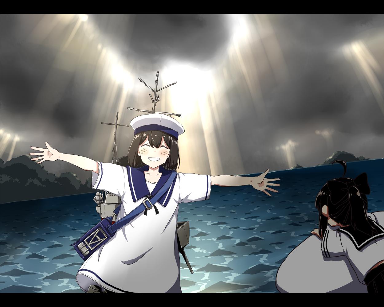 2girls any_(lucky_denver_mint) black_hair blush bob_cut character_request closed_eyes daitou_(kantai_collection) dress facing_viewer fairy_(kantai_collection) hat hibiki_(kantai_collection) kantai_collection machinery multiple_girls outstretched_arms sailor_collar sailor_dress sailor_hat short_hair short_sleeves smile solo_focus white_dress