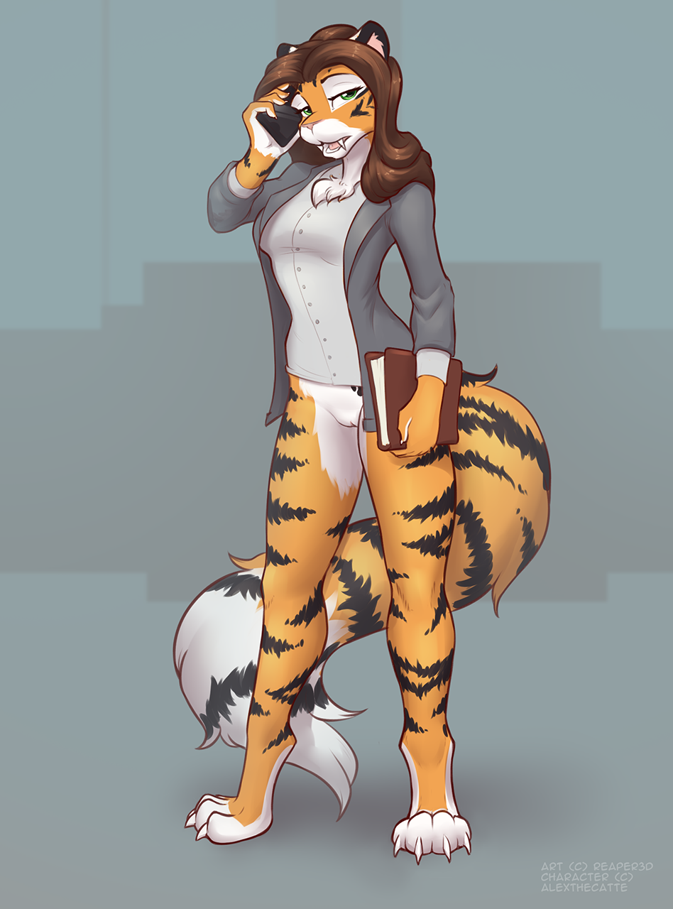 2019 alex_marx alexthecatte anthro black_stripes bottomless brown_hair chest_tuft claws clothed clothing digital_media_(artwork) fangs felid feline female fur hair looking_at_viewer mammal multicolored_fur open_mouth orange_fur pantherine phone pussy reaper3d simple_background solo striped_fur stripes tiger tuft white_fur