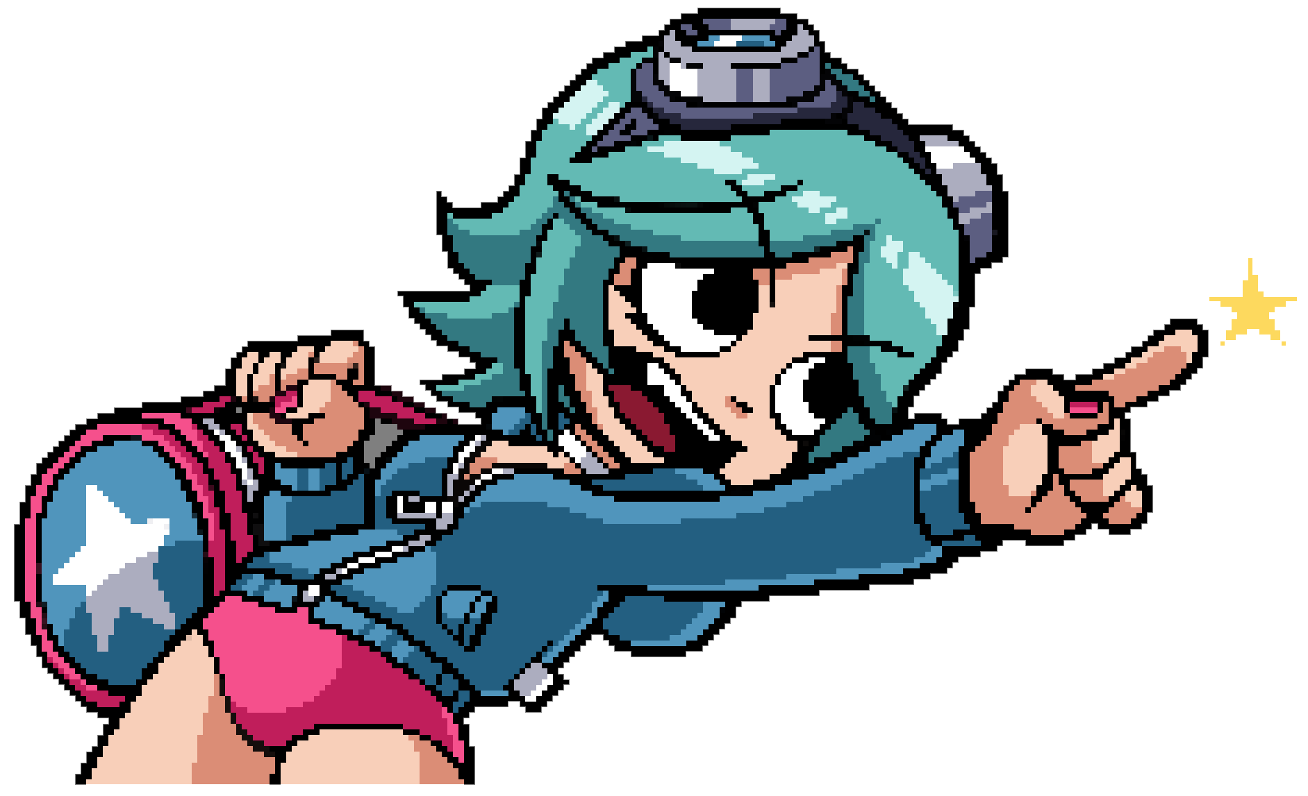 1girl cyan_hair eyebrows eyebrows_visible_through_hair eyelashes female female_focus female_only goggles goggles_on_head grabbing hair handbag highres hoodie human jacket legs nail_polish neck_ring no_pants open_mouth panties pixel_art pointing pose ramona_flowers scott_pilgrim scott_pilgrim_vs_the_world star teeth tongue transparent_background zipper