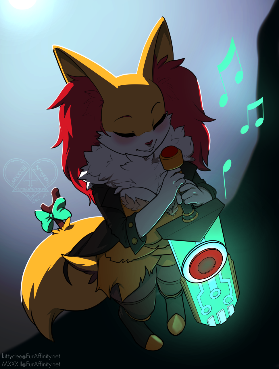 2019 5_fingers anthro anthrofied braixen clothing cosplay crossover digital_media_(artwork) eyes_closed female fingers fur grin jacket kittydee melee_weapon multicolored_fur nintendo pok&eacute;mon pok&eacute;mon_(species) red_(transistor) red_fur smile solo sword topwear transistor video_games weapon white_fur yellow_fur