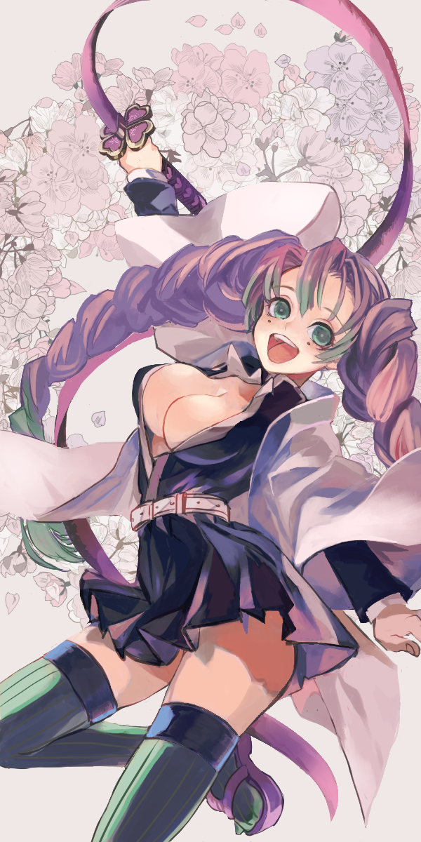 1girl belt breasts cleavage cowboy_shot drill_hair flower gradient_hair green_eyes green_hair green_legwear grey_background haori highres japanese_clothes kanroji_matsuri katana kimetsu_no_yaiba large_breasts looking_at_viewer mimimikan miniskirt mole mole_under_eye multicolored_hair open_clothes open_mouth open_shirt pink_footwear pink_hair pleated_skirt ribbed_legwear sandals simple_background skirt smile solo sword thighhighs thighs twin_drills two-tone_hair uniform weapon whip_sword wide_sleeves zettai_ryouiki