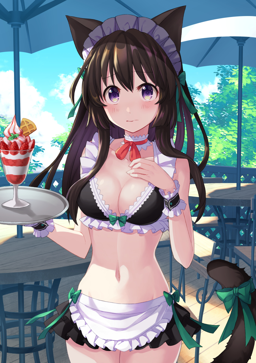 1girl animal_ears apron bangs bikini black_bikini black_skirt blue_eyes blush bow breasts brown_hair cat_ears cat_tail cleavage coconat_summer collarbone day eyebrows_visible_through_hair food fruit green_bow highres holding large_breasts long_hair maid_apron maid_bikini maid_headdress navel original outdoors red_ribbon ribbon skirt solo strawberry swimsuit table tail tail_bow white_apron