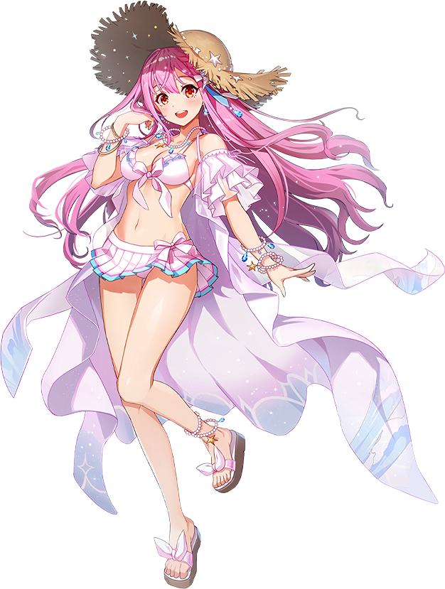 1girl amy_(grand_chase) bracelet breasts cleavage collarbone detached_sleeves earrings grand_chase hat jewelry necklace official_art silk_sheet smile sparkle sun_hat swimsuit