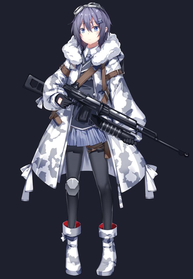 1girl bangs black_gloves black_legwear blue_eyes blush boots camouflage camouflage_coat camouflage_footwear closed_mouth coat collared_shirt commentary_request eyebrows_visible_through_hair full_body fur-trimmed_coat fur_trim gloves goggles goggles_on_head grey_background grey_skirt gun hair_between_eyes hair_ornament hairclip holding holding_gun holding_weapon looking_at_viewer open_clothes open_coat original pantyhose pleated_skirt purple_hair shirt sidelocks simple_background skirt solo standing striped vertical-striped_skirt vertical_stripes weapon weapon_request white_coat white_footwear white_shirt zhen_panxie