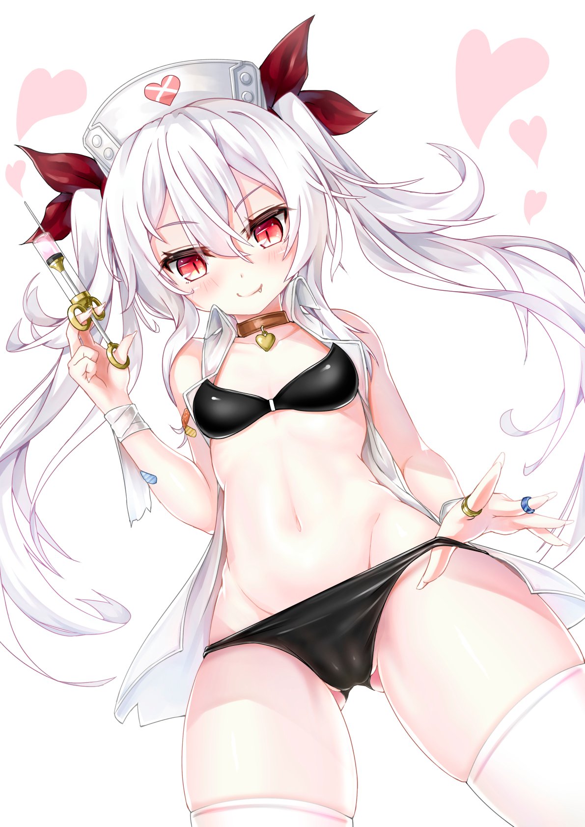 1girl ass_visible_through_thighs azur_lane bandaid_on_arm bangs bare_shoulders black_bra black_panties bra cameltoe choker closed_mouth collarbone commentary_request crost eyebrows_visible_through_hair fang fingernails hair_between_eyes hair_ribbon hand_in_panties hat heart heart_choker highres jewelry legs_apart long_fingernails long_hair looking_at_viewer navel nurse nurse_cap open_clothes open_vest panties red_eyes red_ribbon ribbon ring sidelocks skindentation slit_pupils smile solo stomach syringe thighhighs twintails underwear vampire_(azur_lane) vest white_hair white_legwear wrist_wrap