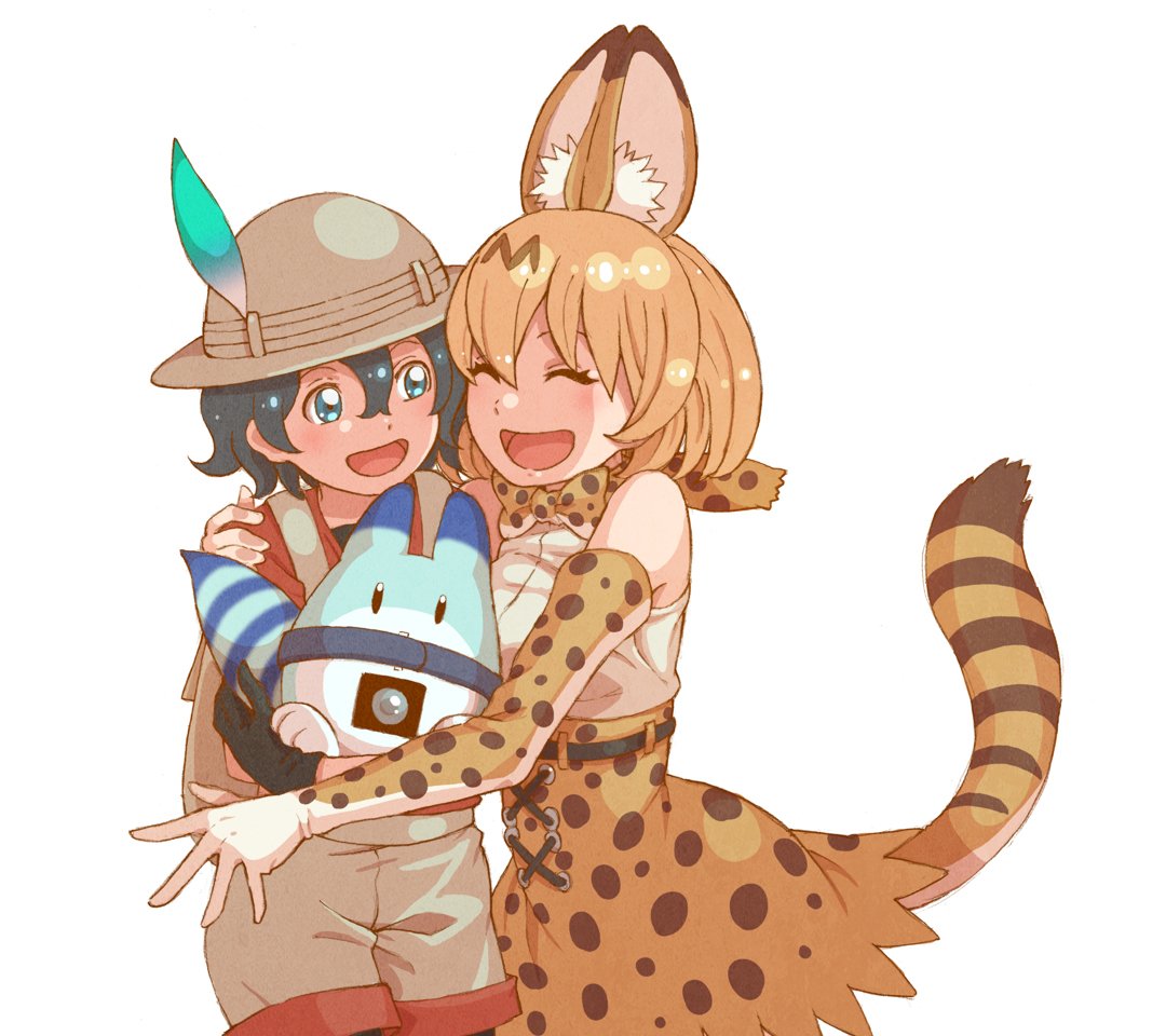 2girls :d ^_^ animal_ear_fluff animal_ears animal_print backpack bag bangs bare_shoulders black_gloves black_hair black_legwear blue_eyes bow bowtie closed_eyes elbow_gloves gloves hair_between_eyes hat hat_feather high-waist_skirt kaban_(kemono_friends) kemono_friends legwear_under_shorts looking_at_another lucky_beast_(kemono_friends) multiple_girls open_mouth orange_hair orange_skirt pantyhose red_shirt serval_(kemono_friends) serval_ears serval_print serval_tail shirt short_hair shorts simple_background skirt sleeveless sleeveless_shirt smile solo striped_tail tail tail_raised tanuki_koubou white_background white_shirt