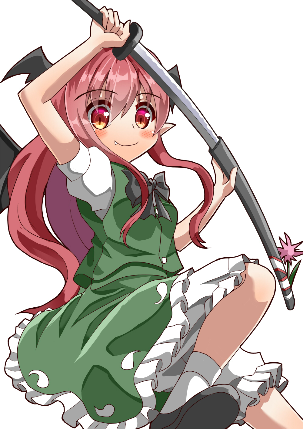 1girl arm_above_head black_neckwear bloomers blush bow bowtie commentary_request cosplay demon_wings eyebrows_visible_through_hair fang fang_out flower green_skirt green_vest hair_between_eyes hand_on_hilt head_wings highres holding holding_sword holding_weapon katana knee_up koakuma konpaku_youmu konpaku_youmu_(cosplay) leg_lift looking_at_viewer petticoat pointy_ears puffy_short_sleeves puffy_sleeves red_eyes red_hair scabbard sheath shirt short_sleeves sidelocks simple_background skirt skirt_set slit_pupils smile solo sugiyama_ichirou sword touhou underwear unsheathing vest weapon white_background white_shirt wings