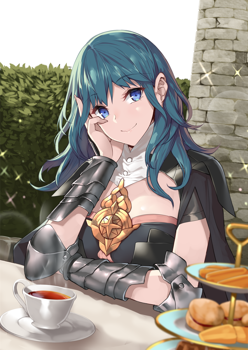 1girl bangs biscuit blue_eyes blue_hair byleth_(fire_emblem) byleth_(fire_emblem)_(female) cape cookie cup eyebrows_visible_through_hair fire_emblem fire_emblem:_three_houses food gauntlets hedge_(plant) highres long_hair looking_at_viewer saucer smile solo tea teacup yappen