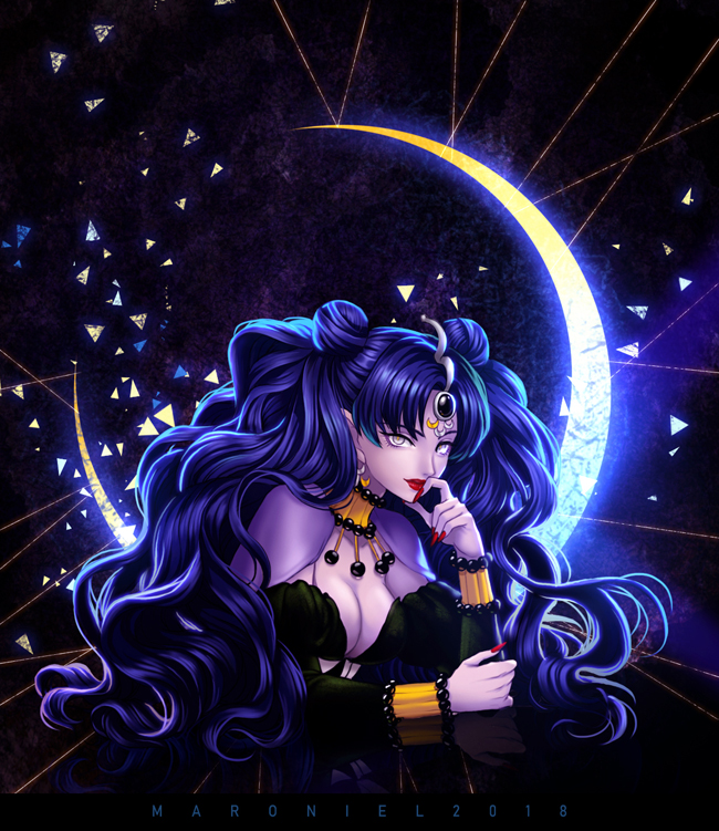 1girl artist_name bare_shoulders bishoujo_senshi_sailor_moon black_hair breasts cleavage collar crescent crescent_earrings crescent_moon dated double_bun earrings forehead_jewel grey_eyes jewelry lips lipstick long_hair looking_at_viewer makeup maroniel0916 moon nail_polish nehelenia_(sailor_moon) pointy_ears solo upper_body wavy_hair