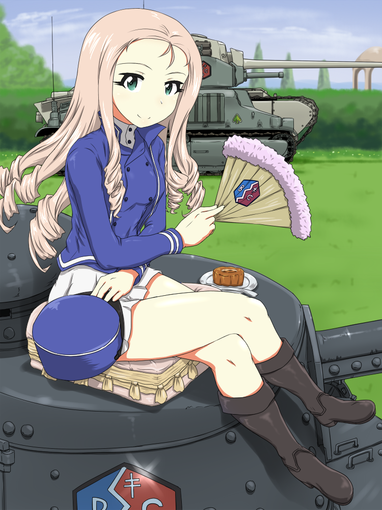 arl-44 bc_freedom_military_uniform black_footwear blonde_hair blue_headwear blue_jacket blue_sky blue_vest blurry blurry_background boots closed_mouth cloud cloudy_sky commentary crossed_legs day depth_of_field dessert dress_shirt drill_hair fan folding_fan food fork ft-17 full_body girls_und_panzer grass green_eyes ground_vehicle hat hat_removed headwear_removed hedge_(plant) high_collar holding holding_fan holding_hat jacket kepi kinpira_gobou knee_boots legs long_hair long_sleeves looking_at_viewer marie_(girls_und_panzer) military military_hat military_uniform military_vehicle miniskirt motor_vehicle on_pillow outdoors pleated_skirt s35 saucer shirt sitting skirt sky smile tank tree uniform vest white_shirt white_skirt