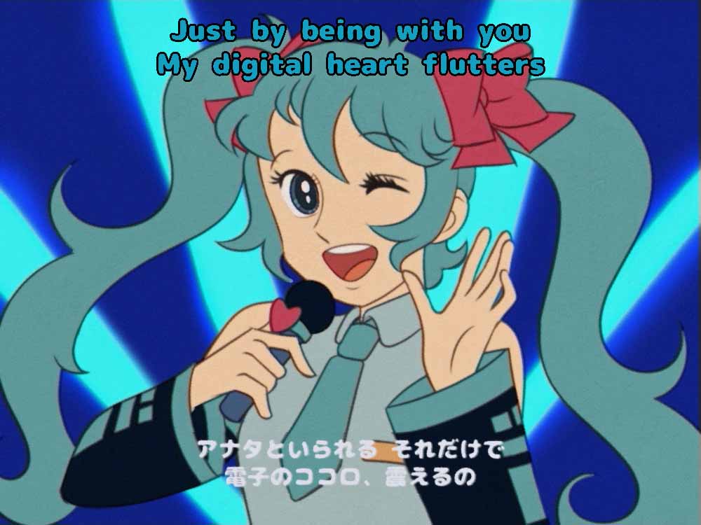 1girl 70s ;d blue_background blue_eyes blue_hair blue_neckwear bow detached_sleeves fake_screenshot hair_between_eyes hair_bow hatsune_miku holding holding_microphone jpeg_artifacts microphone necktie oldschool one_eye_closed open_mouth pink_bow smile solo tomatomagica twintails upper_body vocaloid