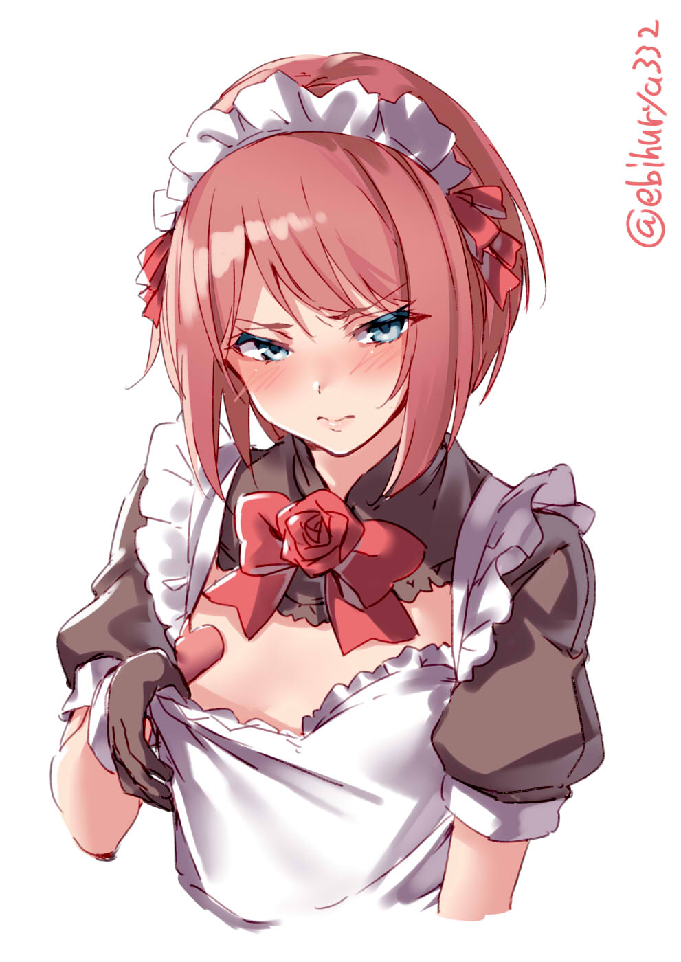 1girl alternate_costume apron ark_royal_(kantai_collection) bangs blue_eyes blunt_bangs blush bob_cut breasts cleavage_cutout closed_mouth colored_eyelashes covered_nipples dress ebifurya embarrassed enmaided eyebrows_visible_through_hair grey_dress heart_pasties highres kantai_collection lips looking_at_viewer maid maid_apron maid_headdress nipples no_bra pasties puffy_short_sleeves puffy_sleeves red_hair red_ribbon ribbon short_hair short_sleeves small_breasts solo tsurime twitter_username upper_body white_background