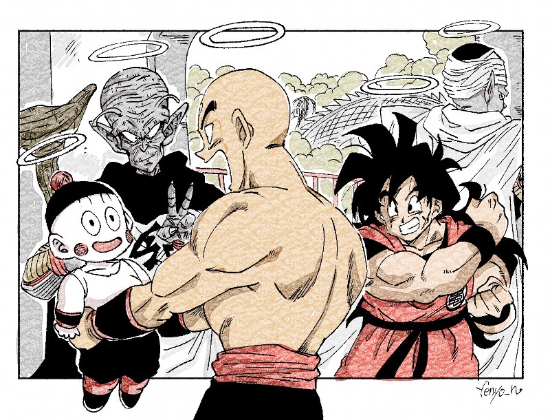 5boys :d bald black_eyes black_hair blush blush_stickers cape carrying chaozu clenched_hands cloud commentary_request dougi dragon_ball dragon_ball_z eye_contact facial_scar facing_away fenyon grin halo happy hat kami-sama looking_at_another looking_back male_focus multiple_boys open_mouth outside_border pale_skin piccolo profile railing scar scar_on_cheek shirtless smile snake_way staff tenshinhan turban twitter_username upper_body v wristband yamcha