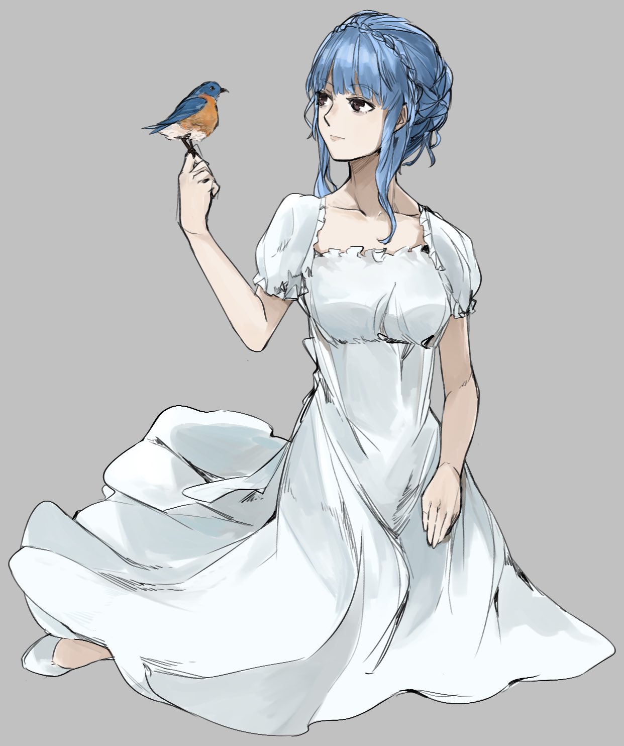 1girl alternate_costume animal_ears bags_under_eyes bird bird_on_hand black_eyes blue_hair braid closed_mouth collarbone commentary_request dress eyebrows_visible_through_hair fire_emblem fire_emblem:_three_houses french_braid grey_background hair_between_eyes highres long_dress looking_at_another marianne_von_edmund open_eyes sakuuremi short_hair simple_background sitting solo white_dress white_footwear