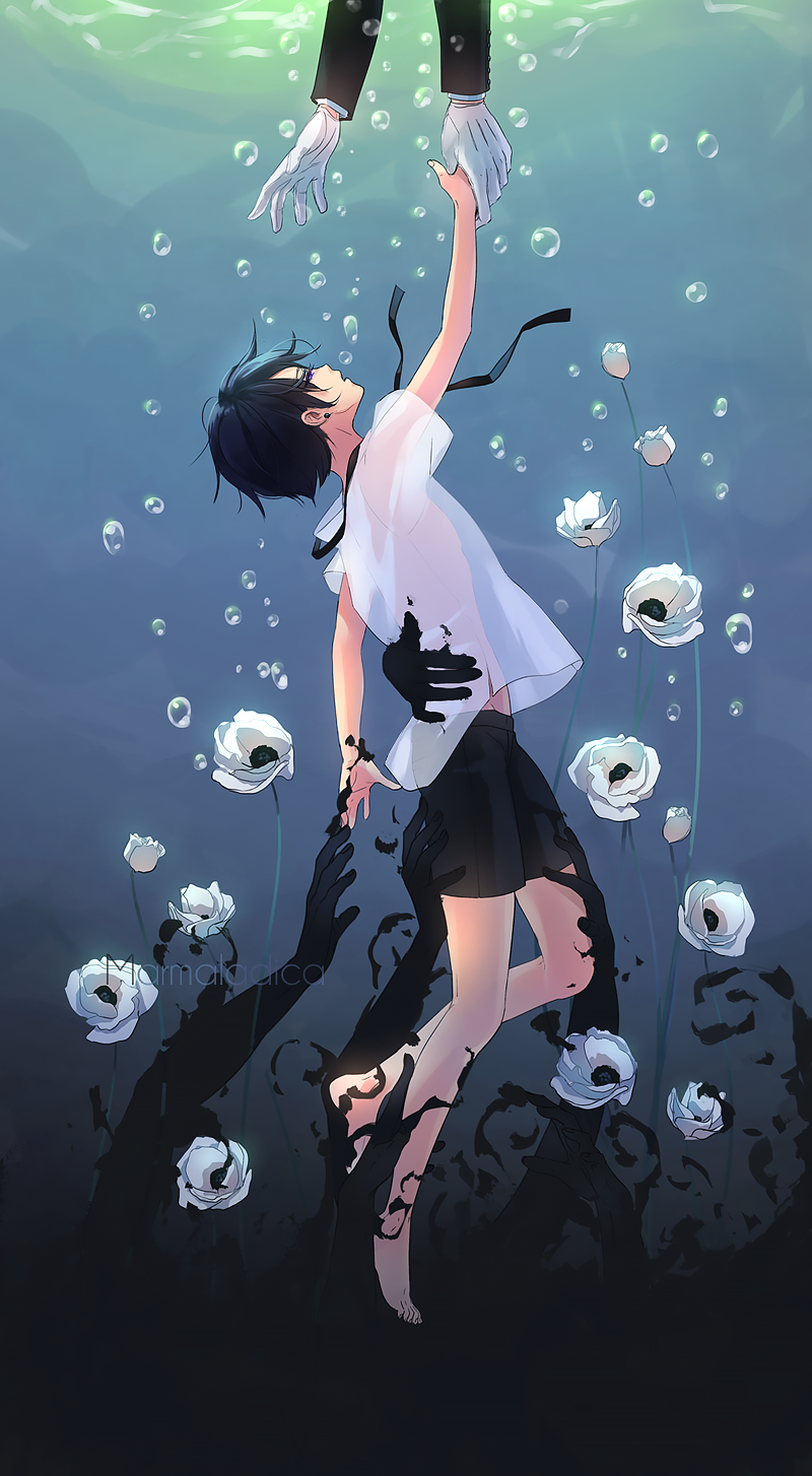 2boys air_bubble anemone_(flower) artist_name barefoot black_hair black_ribbon black_shorts bubble ciel_phantomhive commentary disembodied_limb earrings english_commentary flower gloves highres holding_hands jewelry kuroshitsuji long_sleeves looking_up male_focus marmalade_(elfless_vanilla) multiple_boys out_of_frame outstretched_arm purple_eyes reaching ribbon sebastian_michaelis see-through shirt short_sleeves shorts solo_focus underwater white_flower white_gloves white_shirt