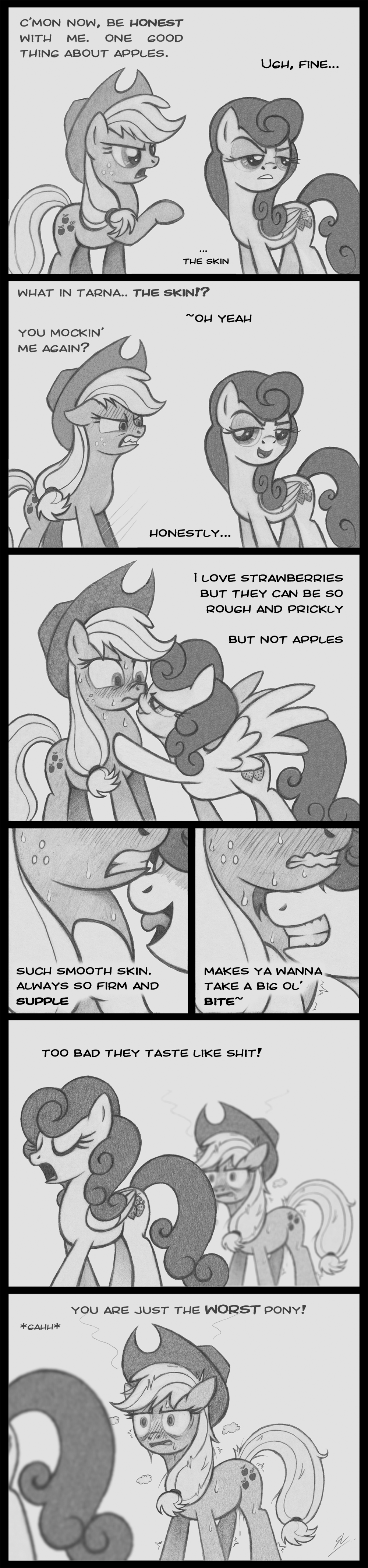 absurd_res applejack_(mlp) bedroom_eyes blush bodily_fluids dialogue equid equine female female/female feral freckles friendship_is_magic half-closed_eyes hi_res lockerobster mammal my_little_pony pterippus seductive strawberry_sunrise_(mlp) sweat tongue wings