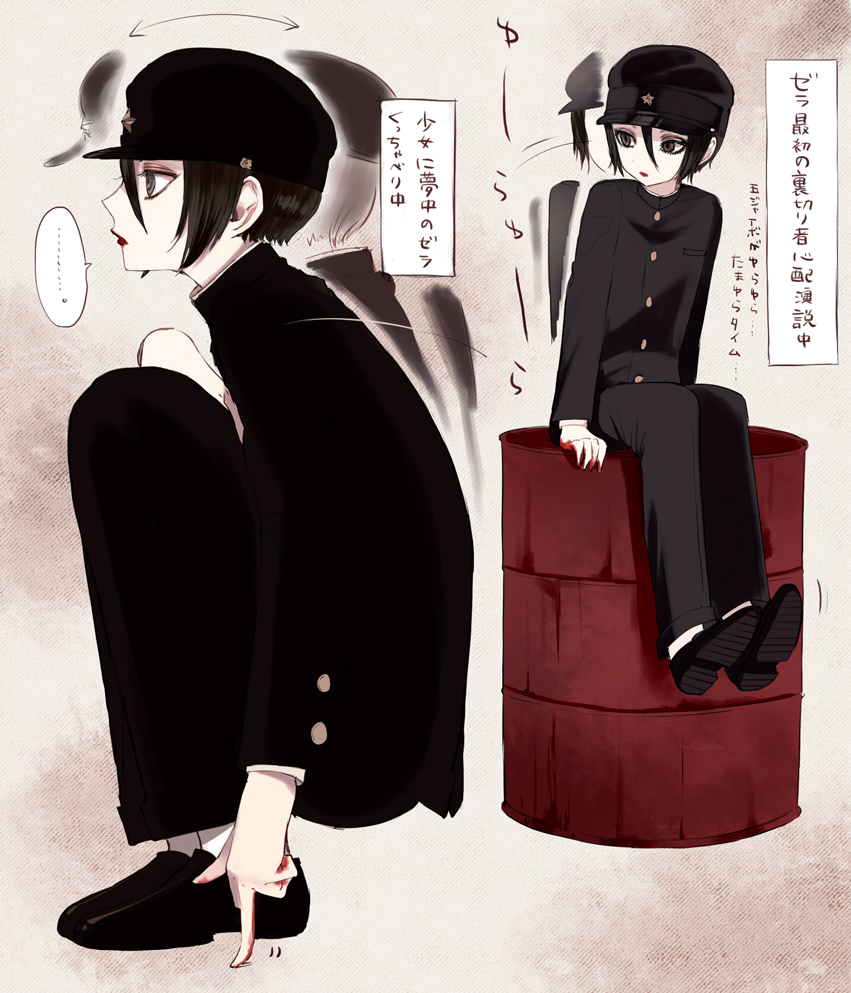 1boy barrel black_hair brown_eyes fidgeting full_body gakuran hair_between_eyes hat jaibo lips litchi_hikari_club male_focus maruino school_uniform shoes sitting solo squatting